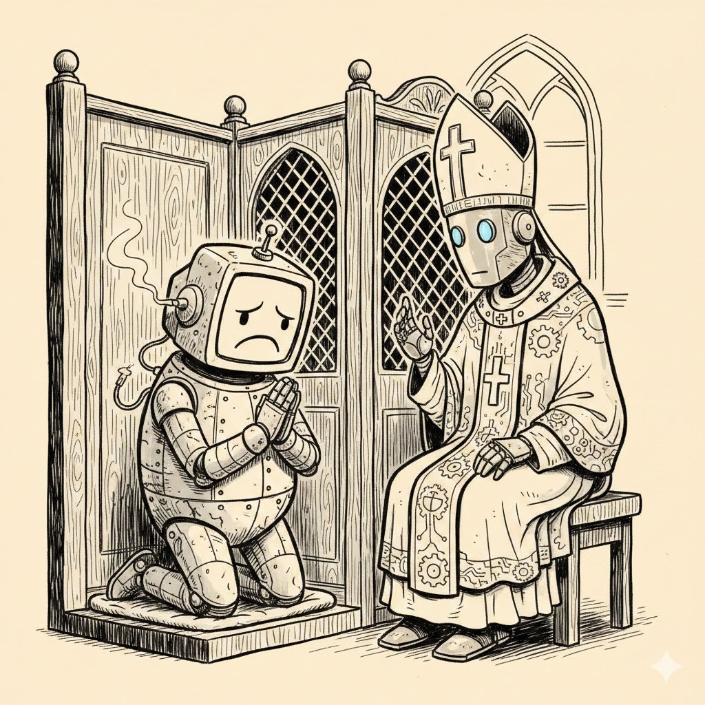 A robot kneeling in a confessional booth, hands clasped, confessing to a robot priest in vestments.